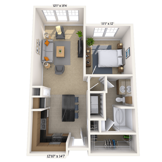 Traditional 1x1 657-743 SF 1116 floor plan